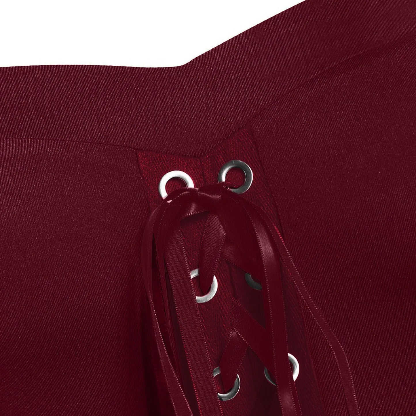 Detailed close-up of the lace-up design on a medieval Gothic witch costume in deep burgundy