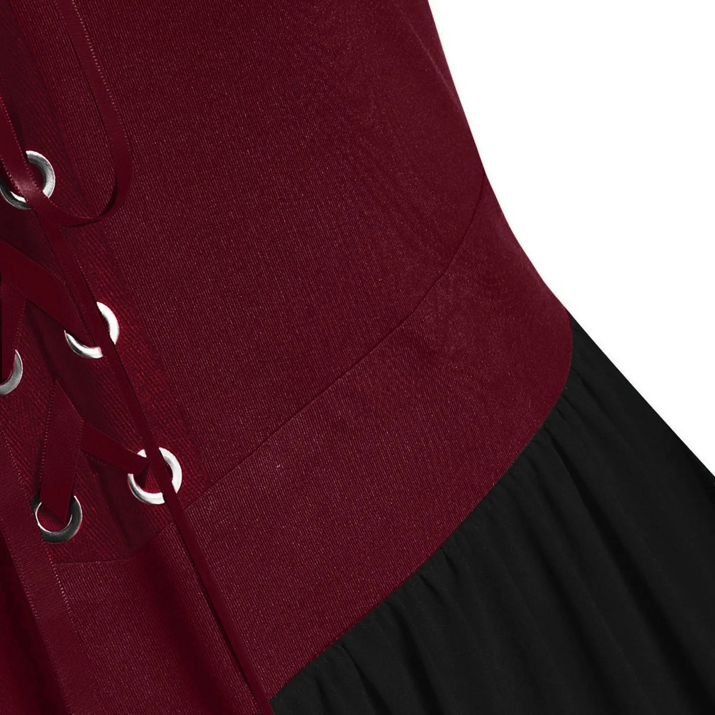 Close-up of the burgundy bodice detail on a medieval Gothic witch costume with lace-up design