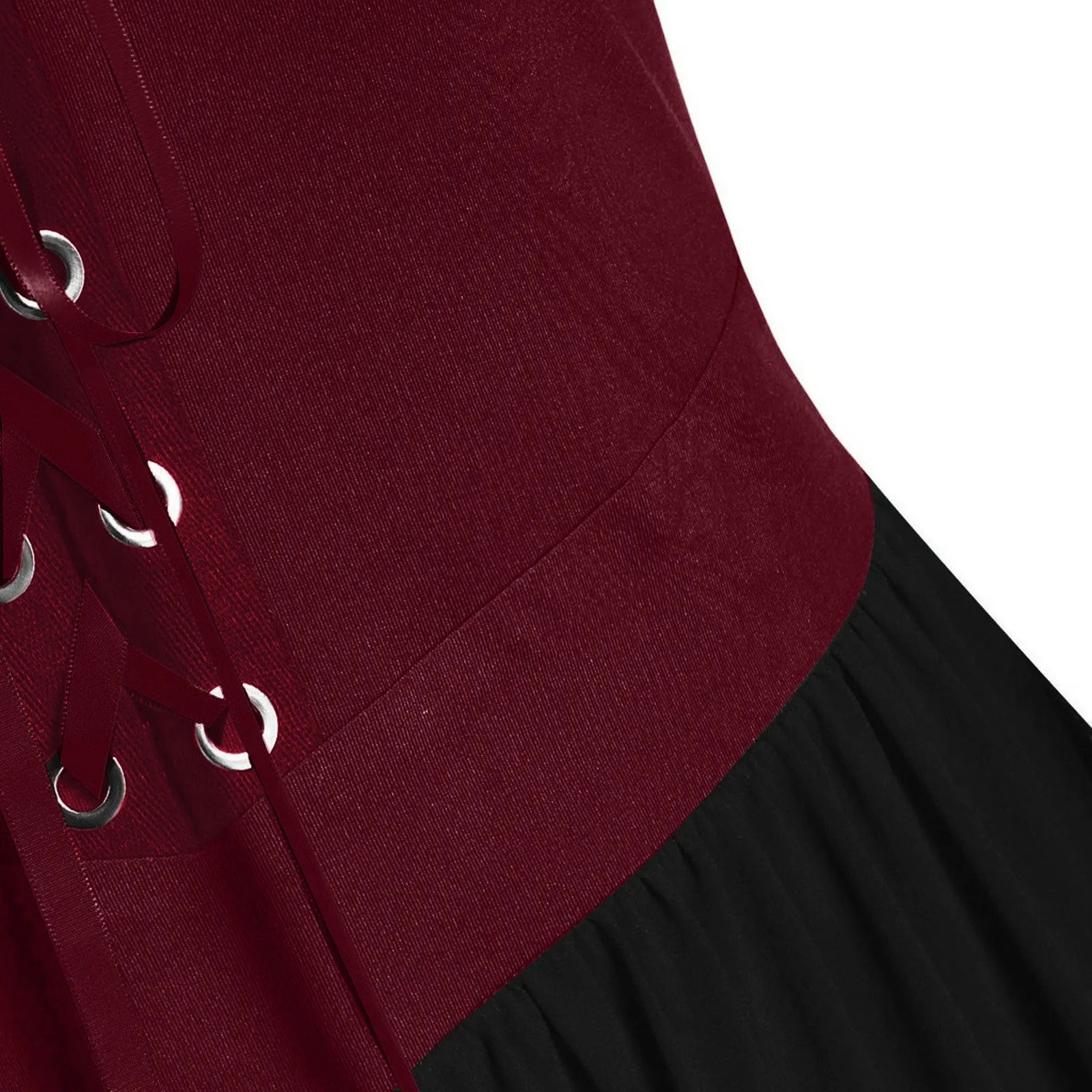 Close-up of the burgundy bodice detail on a medieval Gothic witch costume with lace-up design