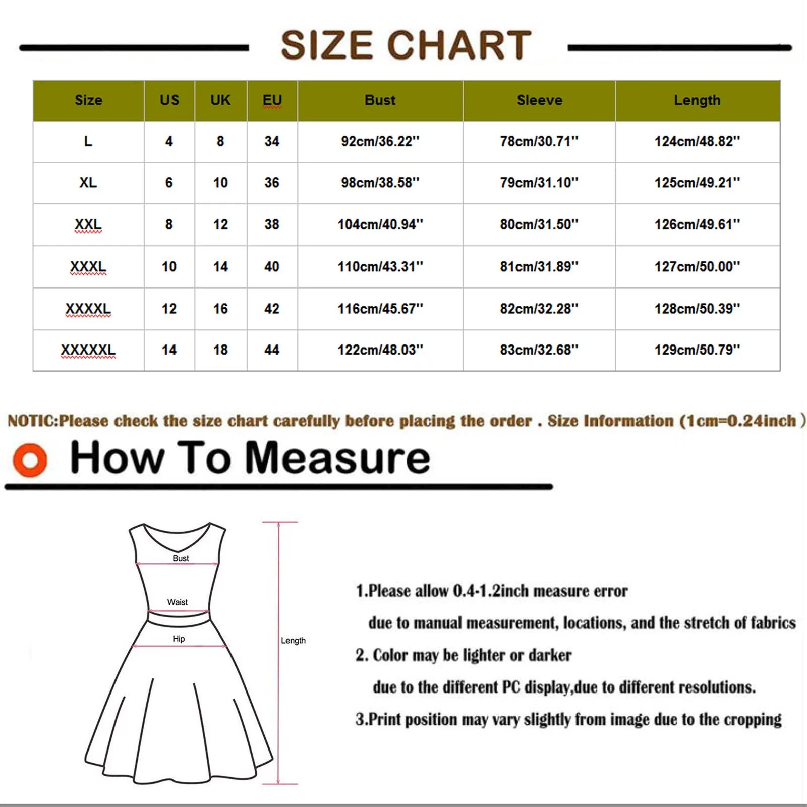 Size chart for medieval Gothic witch costume with various size options and measurement guidelines