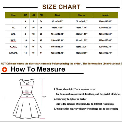 Size chart for medieval Gothic witch costume with various size options and measurement guidelines