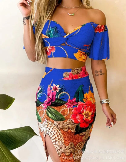 Vibrant blue medium length skirt and top outfit with floral patterns and a stylish design