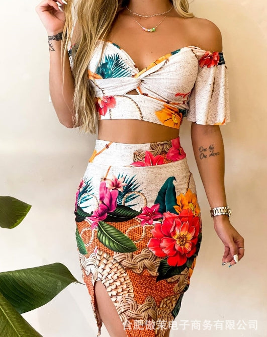 EtherealBe medium length skirt and top outfit with floral pattern and off-shoulder design for a stylish look