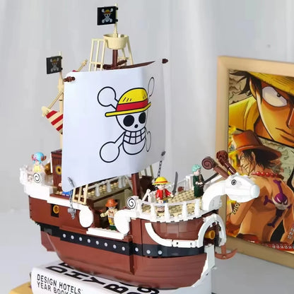  Merry Luffy Lego 1047 Piece pirate Captain boat . Detailed brick pirate ship model with straw hat skull sail and Luffy minifigure