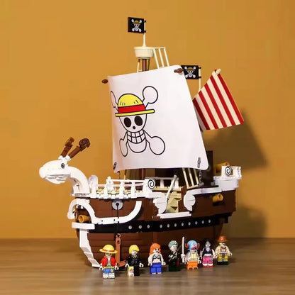 Merry Luffy Lego 1047 Piece pirate Captain boat . Brown and white buildable pirate ship with eight minifigures on display