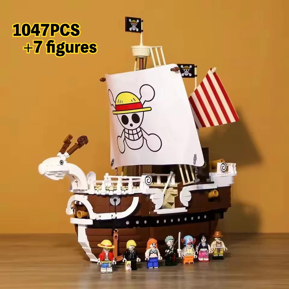 Merry Luffy Lego 1047 Piece pirate Captain boat . Brown and white brick pirate ship with striped sail and seven figures