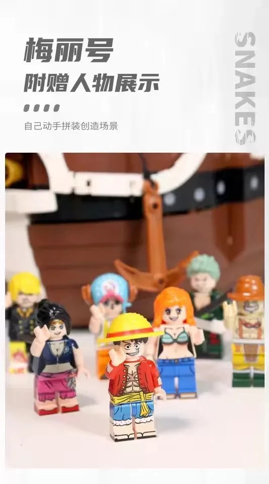 Front view of pirate minifig set featuring Luffy and crew with ship background Merry Luffy Lego 1047 Piece pirate Captain boat .