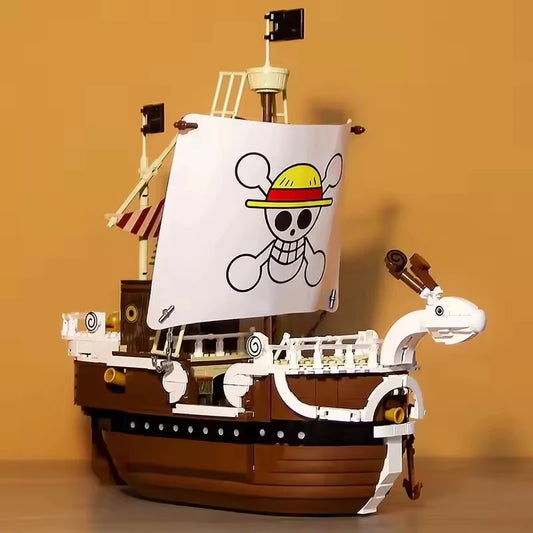 Merry Luffy Lego 1047 Piece pirate Captain boat . Brown brick pirate ship model with white dragon figurehead and Jolly Roger sail