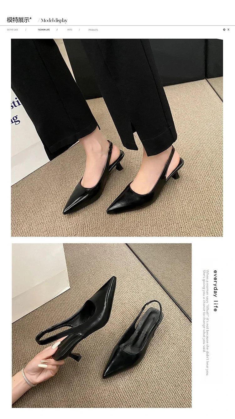 Stylish black mid heel pointed toe slingback shoes perfect for office or casual wear