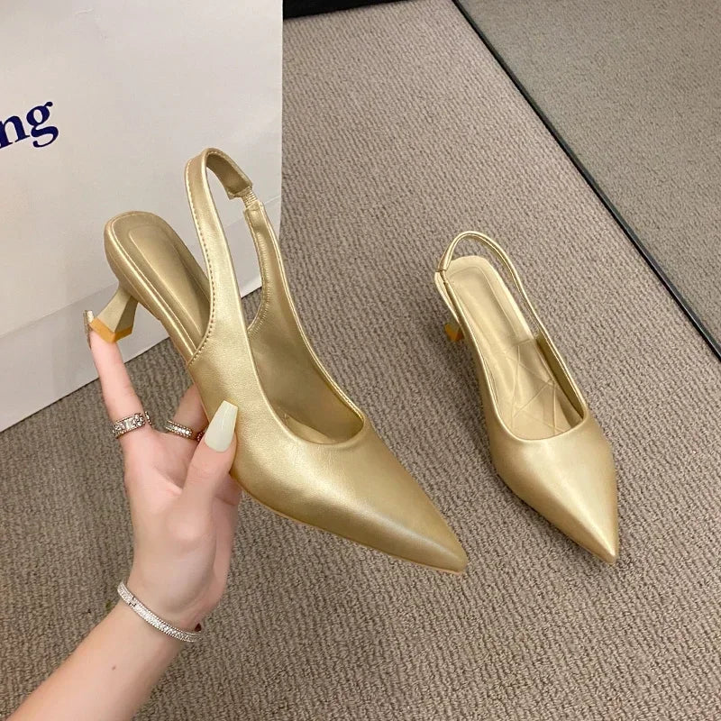 EtherealBe gold mid heel pointed toe slingback shoes for stylish and comfortable wear