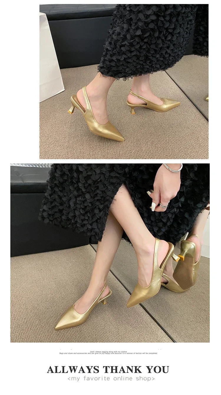 EtherealBe mid heel pointed toe slingback shoes in gold for stylish and elegant looks