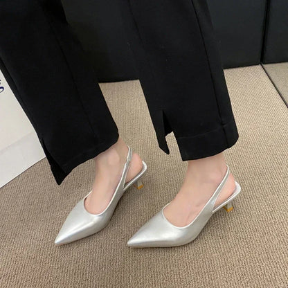 EtherealBe mid heel pointed toe slingback shoes in silver, perfect for stylish office wear.