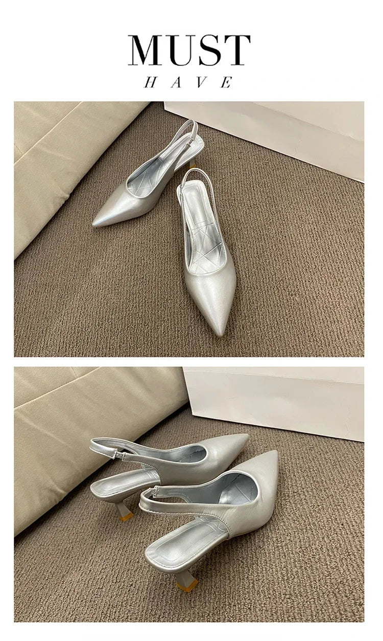 EtherealBe Mid heel pointed toe slingback shoes in silver perfect for elegant occasions