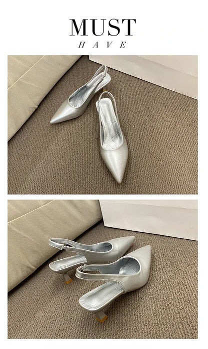 EtherealBe Mid heel pointed toe slingback shoes in silver perfect for elegant occasions