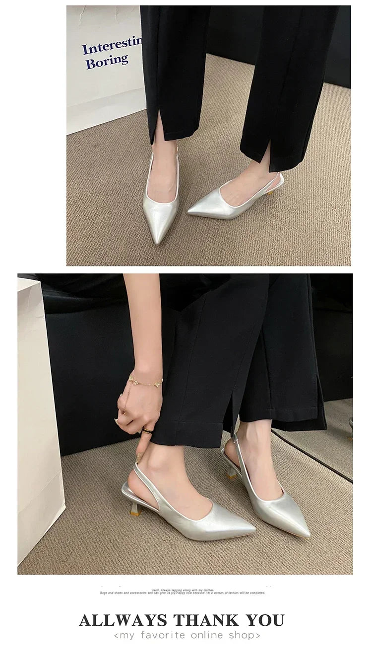 EtherealBe silver mid heel pointed toe slingback shoes perfect for stylish occasions