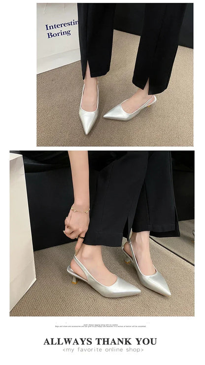 EtherealBe silver mid heel pointed toe slingback shoes perfect for stylish occasions