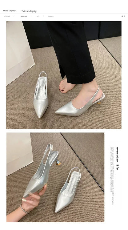 EtherealBe Mid heel pointed toe slingback shoes in silver with a sleek design for stylish comfort