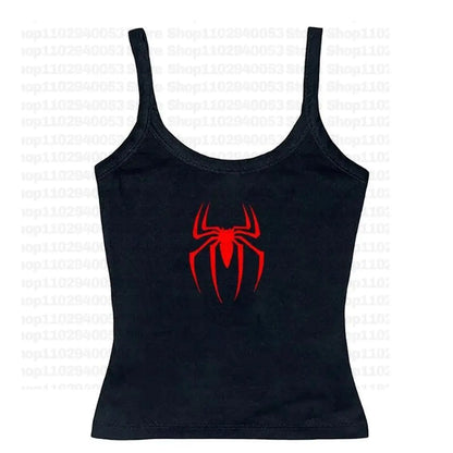 EtherealBe black tank crop top with red spider graphic centered front perfect for gothic street style spider print gothic crop top
