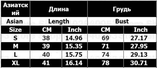 spider print gothic crop top size chart showing Asian sizes S M L XL with length and bust in cm and inches