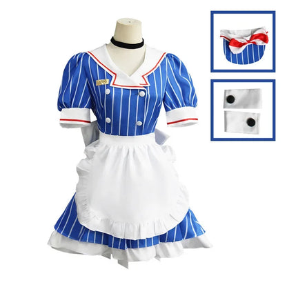 EtherealBe Miku anime cosplay costume set featuring a blue striped dress with a white apron and accessories