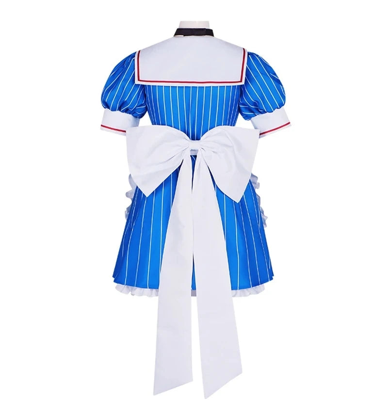 Back view of Miku anime cosplay costume set featuring a blue striped design and a large white bow