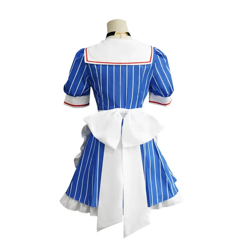 EtherealBe Miku anime cosplay costume set featuring a blue and white striped dress with a large bow
