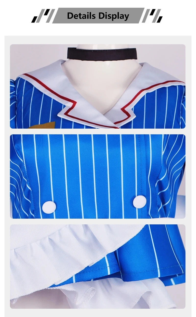 EtherealBe Miku anime cosplay costume set featuring a blue striped top with white accents and buttons