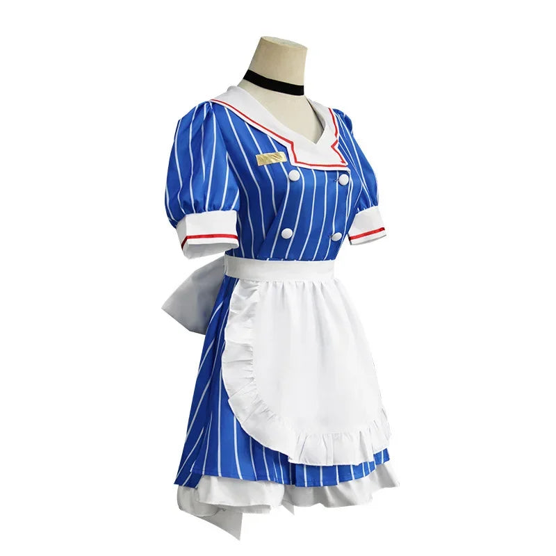 EtherealBe Miku anime cosplay costume set featuring a blue striped dress with white apron
