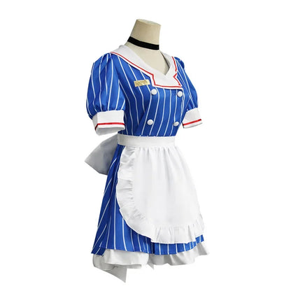 EtherealBe Miku anime cosplay costume set featuring a blue striped dress with white apron