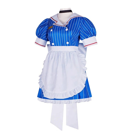 EtherealBe Miku anime cosplay costume set featuring a blue striped dress with a white apron