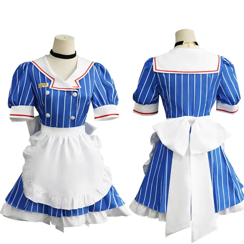 Miku anime cosplay costume set featuring a blue striped dress with a white apron and ruffled hem