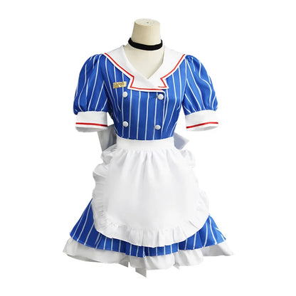 Miku anime cosplay costume set featuring a blue striped dress with white apron and frills