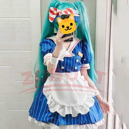 EtherealBe Miku anime cosplay costume set featuring a blue striped dress with white apron and accessories