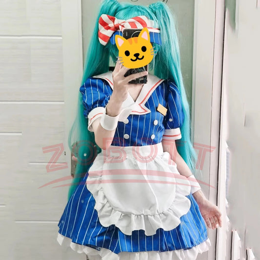 EtherealBe Miku anime cosplay costume set featuring a blue striped dress with white apron and accessories