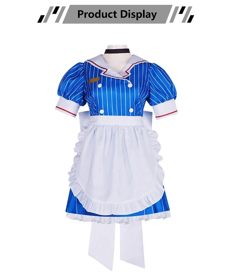 EtherealBe Miku anime cosplay costume set with blue and white striped dress and apron