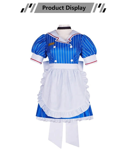 EtherealBe Miku anime cosplay costume set with blue and white striped dress and apron
