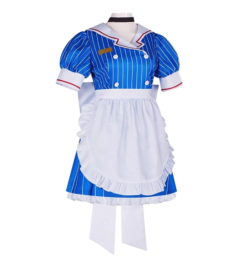 Blue and white Miku anime cosplay costume set featuring a striped dress and ruffled apron
