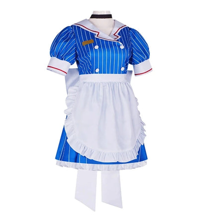 Blue and white Miku anime cosplay costume set featuring a striped dress and ruffled apron