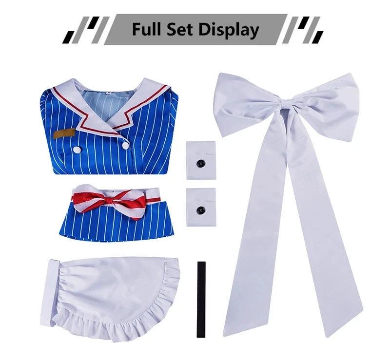 Miku anime cosplay costume set featuring blue striped top, white bow, and matching accessories displayed together