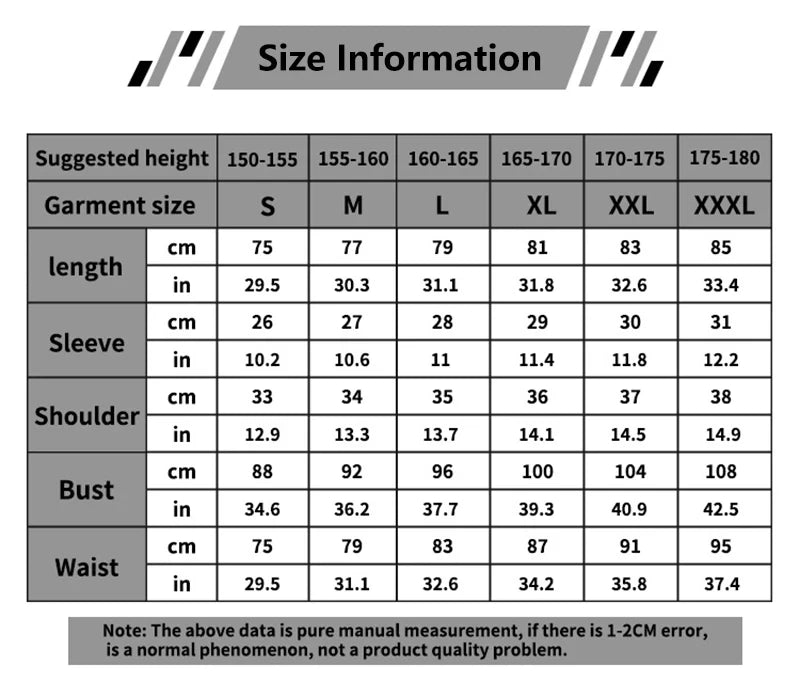 Size information chart for Miku anime cosplay costume set displaying various measurements and sizes