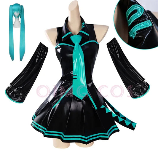 Mikuu cosplay anime costume with black and teal dress, gloves, and matching wig for anime fans
