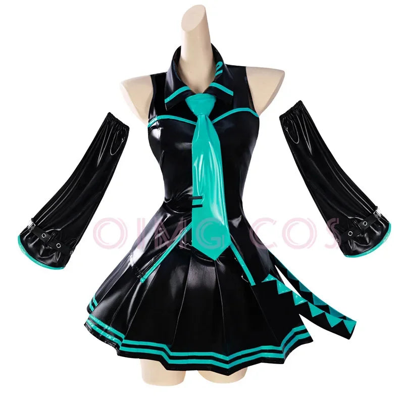 Mikuu cosplay anime costume featuring a stylish black dress with teal accents and arm sleeves
