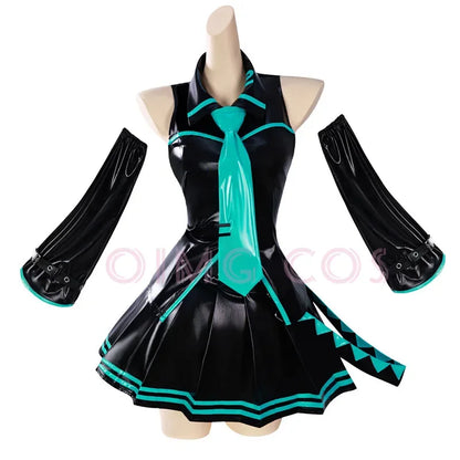 Mikuu cosplay anime costume featuring a stylish black dress with teal accents and arm sleeves