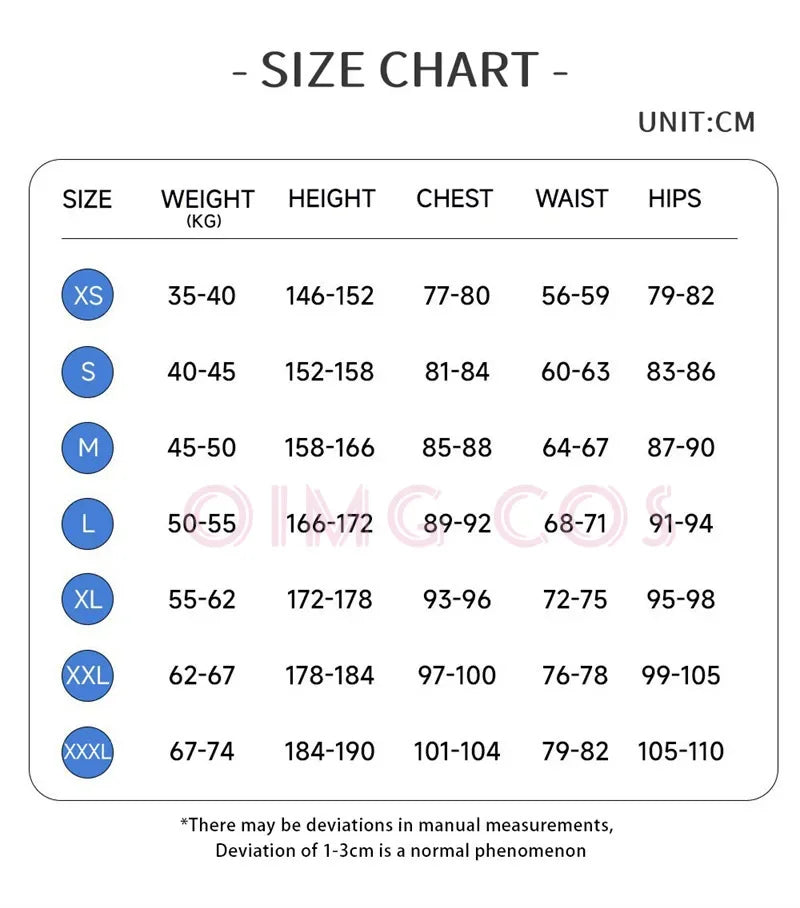 Size chart for Mikuu cosplay anime costume with measurements for XS to XXXL