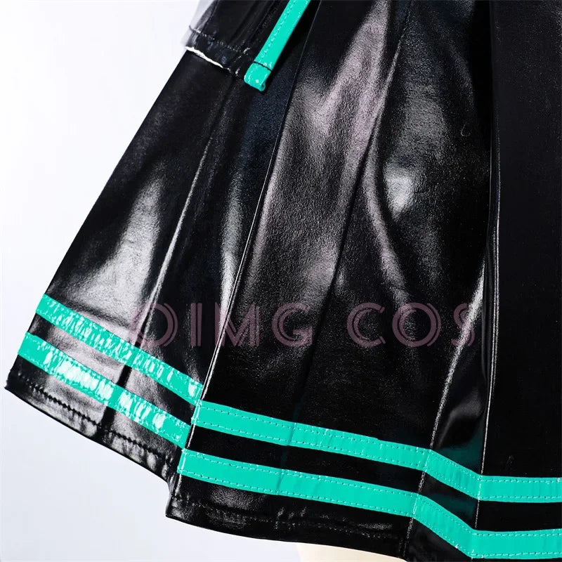 Mikuu cosplay anime costume featuring a shiny black pleated skirt with teal stripes and stylish design