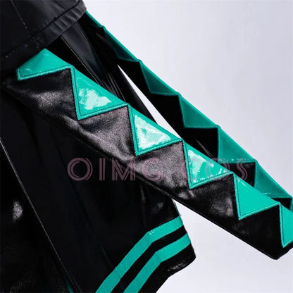 Close-up of the Mikuu cosplay anime costume featuring teal and black accents with zigzag patterns