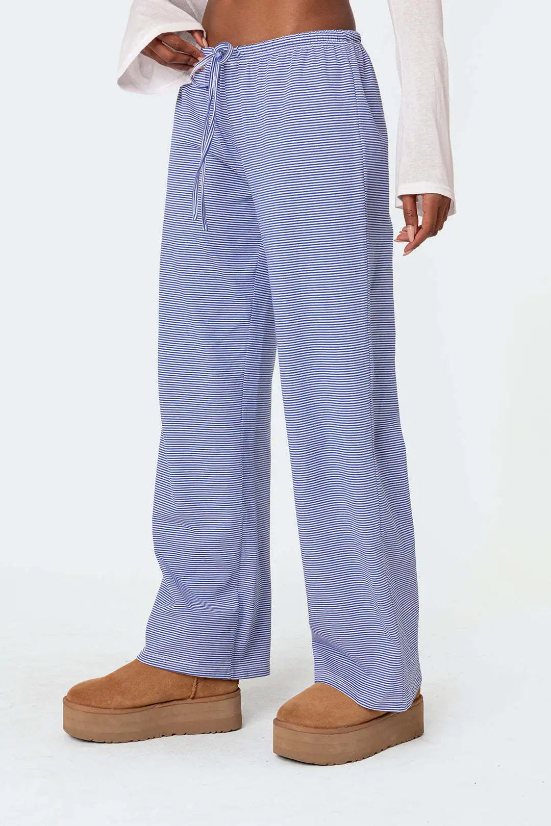 EtherealBe milk silk casual pants for women in blue striped design with a comfortable fit