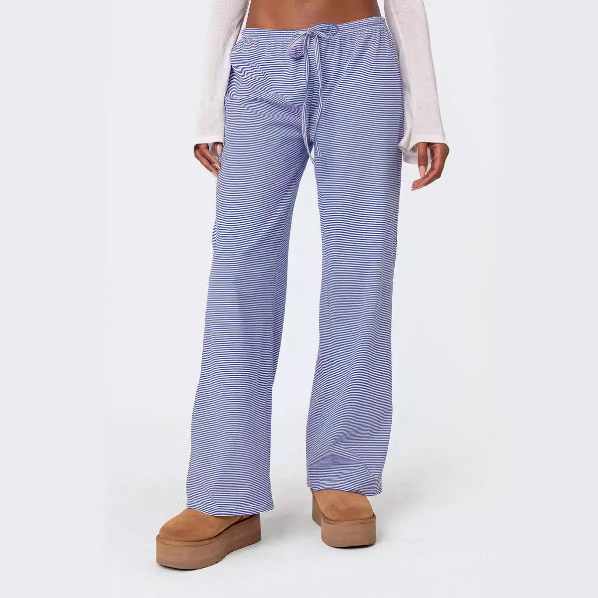 EtherealBe milk silk casual pants for women in blue stripes with a comfortable fit and drawstring waist