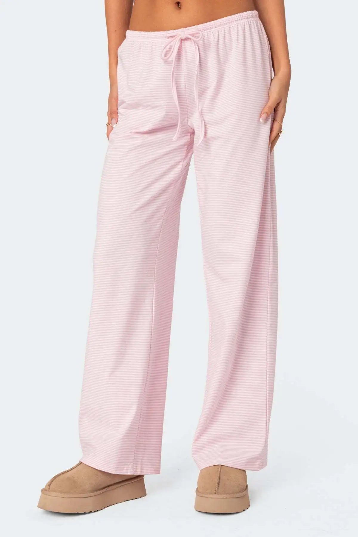 Light pink EtherealBe milk silk casual pants for women with a comfortable elastic waistband