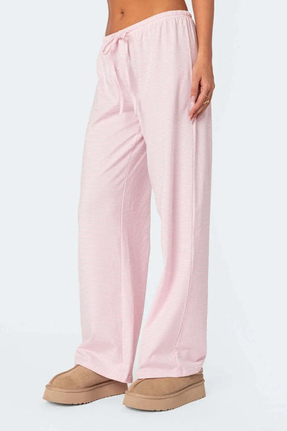 Light pink EtherealBe milk silk casual pants for women with a comfortable fit and drawstring waist
